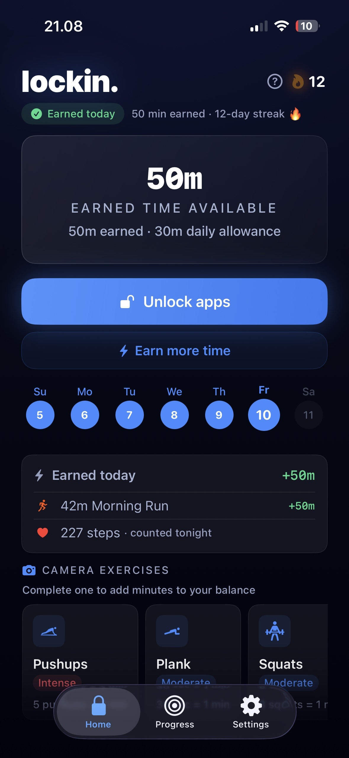lockin. dashboard screenshot showing earned time and earn more time CTA